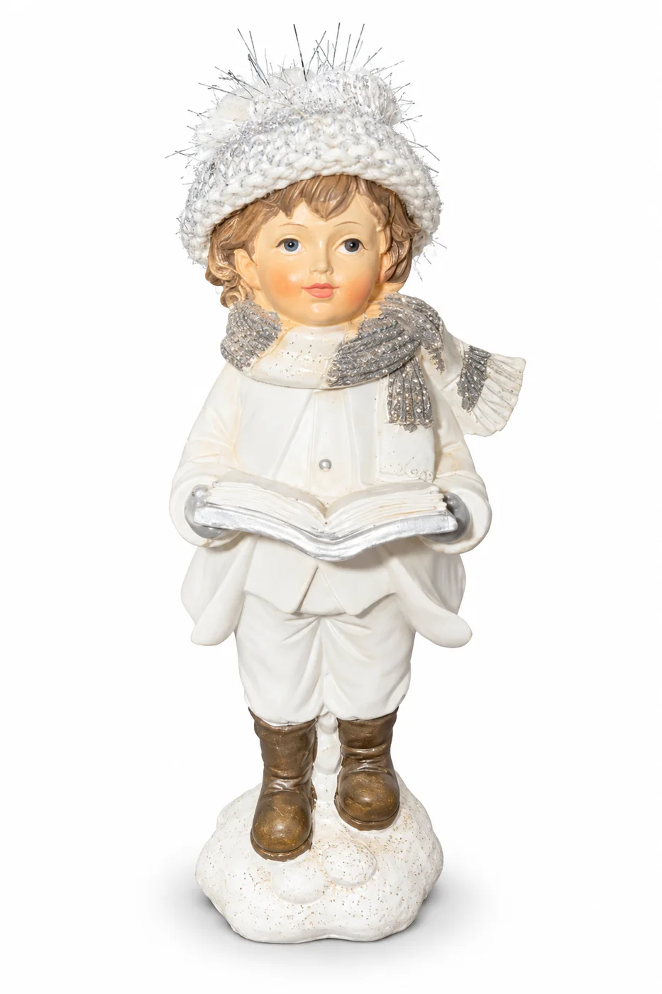 Statuina Bimbo Natalizio Decorativa con Libro e Dettagli in Tessuto – Altezza 16 cm