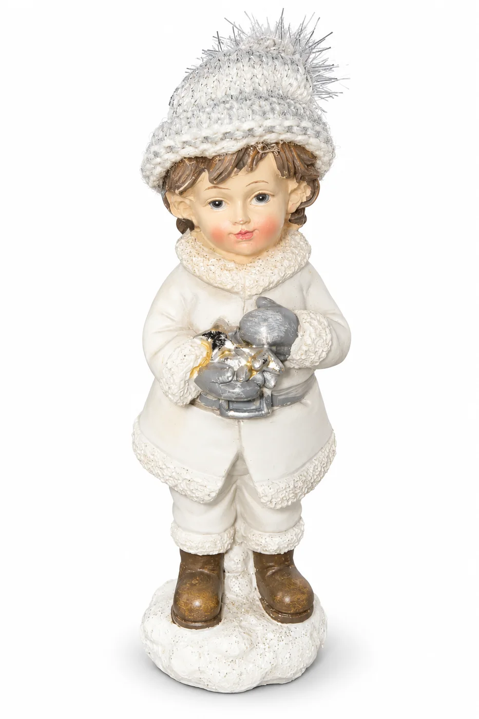 Statuina Bimbo Natalizio Decorativa con Giocattolo e Dettagli in Tessuto – Altezza 16 cm