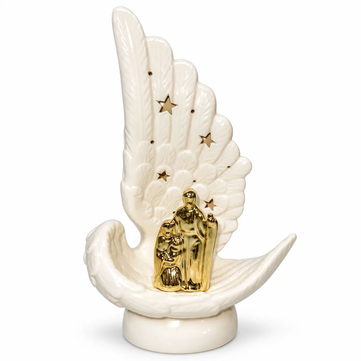 Natività in Ceramica con Ali d'Angelo e Luci a LED – Altezza 28 cm