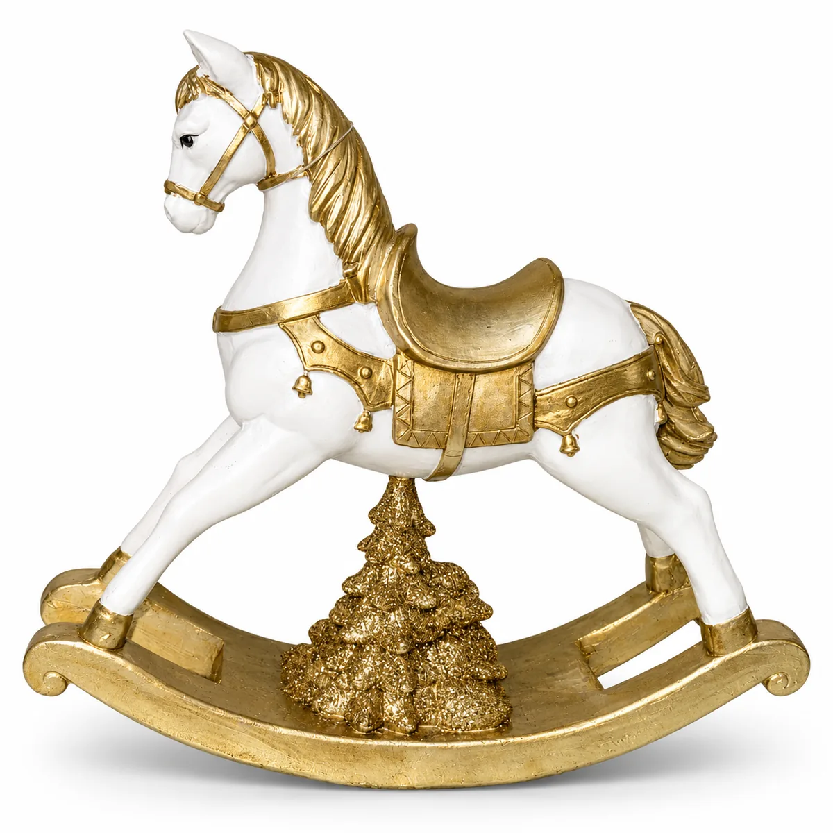Cavallo a Dondolo Natalizio Decorativo in Bianco e Oro – Altezza 26 cm