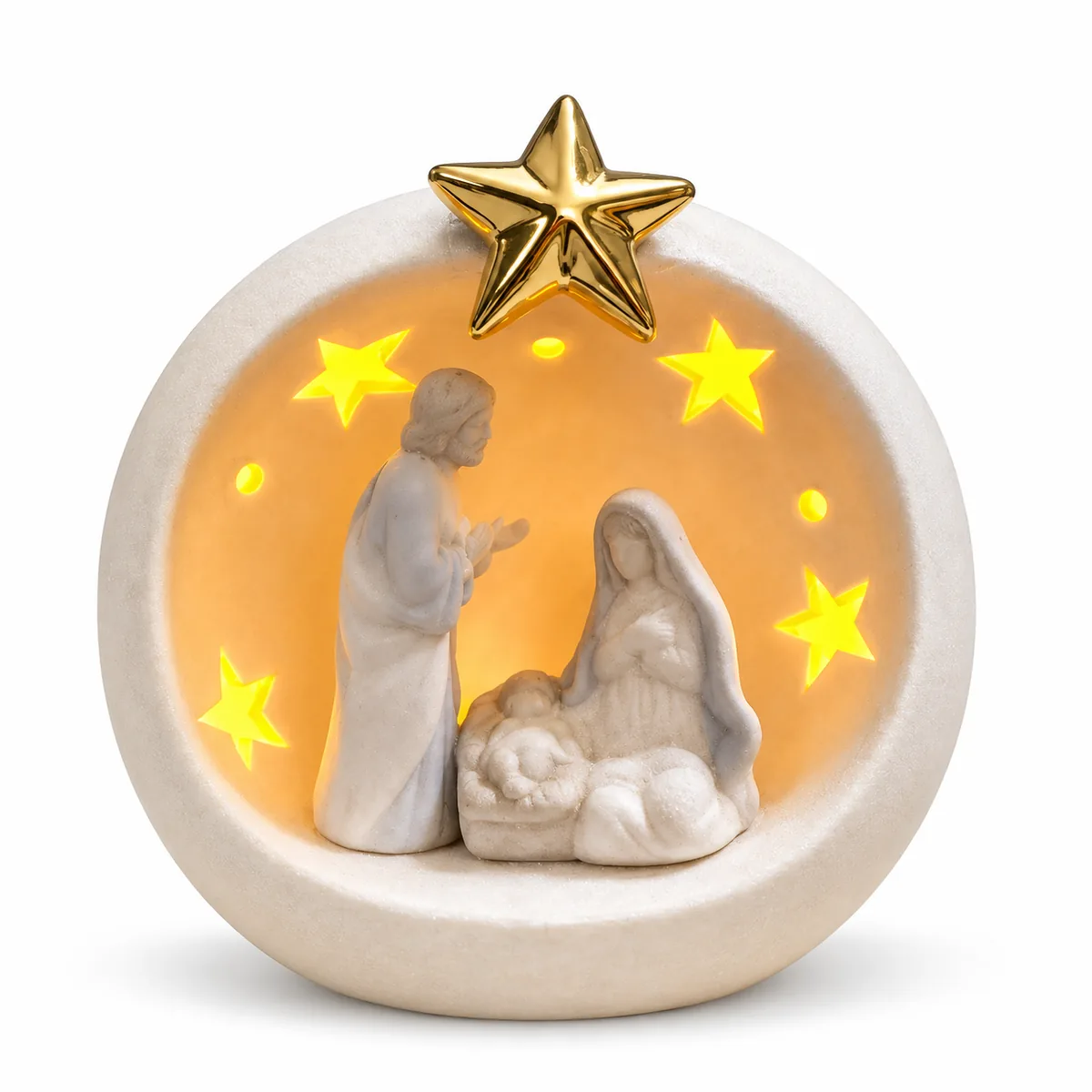 Natività Capanna Circolare in Ceramica con Luci a LED – Altezza 12 cm