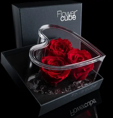 Il Flowercube Platinum Heart: Il Cuore con 3 Rose Rosse Stabilizzate