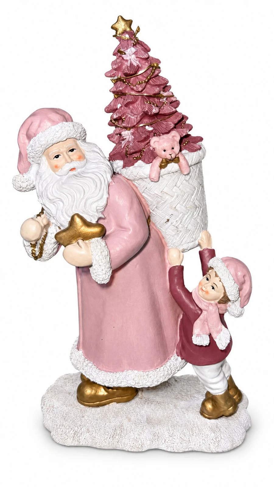 Statuina Babbo Natale Rosa con Bimbo e Albero di Natale a LED 19cm